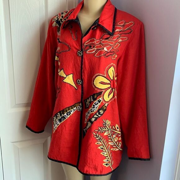 indigo moon Jackets & Blazers - Indigo Moon QVC Embellished Long Blazer Button Down Jacket M Red